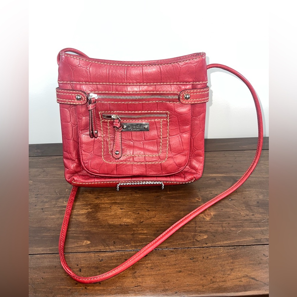 Tignanello Leather Crossbody Bag Purse Shoulder Red Multiple Pockets Moc Croc